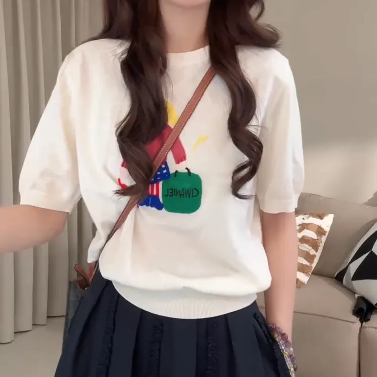 2025夏季重工刺绣圆领针织衫凉感丝休闲时尚短袖上衣LK2504691