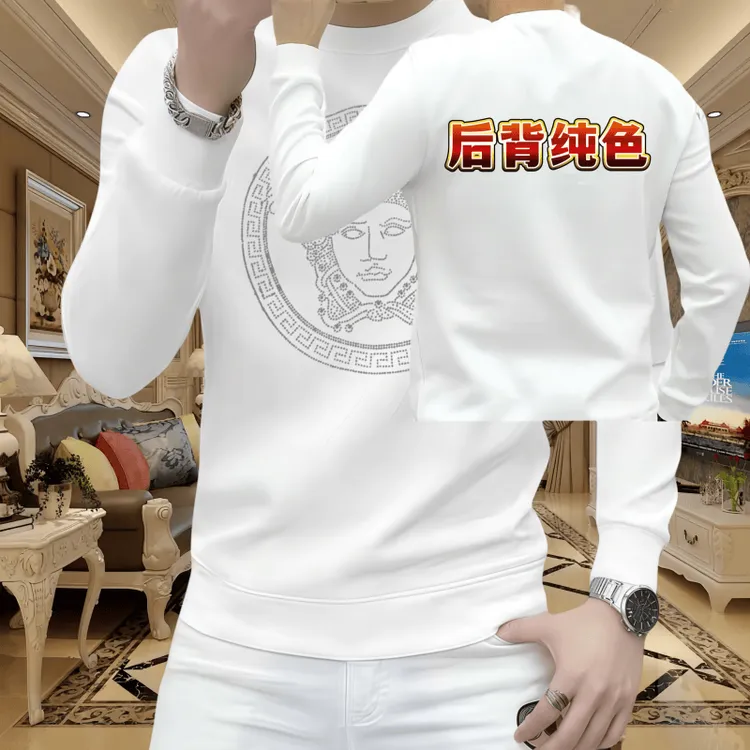 男士休闲潮流修身长袖时尚纯色圆领秋冬新款人脸烫钻套头内搭卫衣