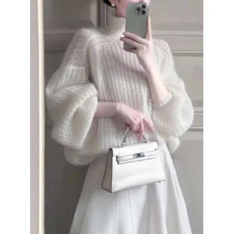 极简风时髦百搭超好看米白色高领针织毛衣秋季宽松休闲气质上衣女