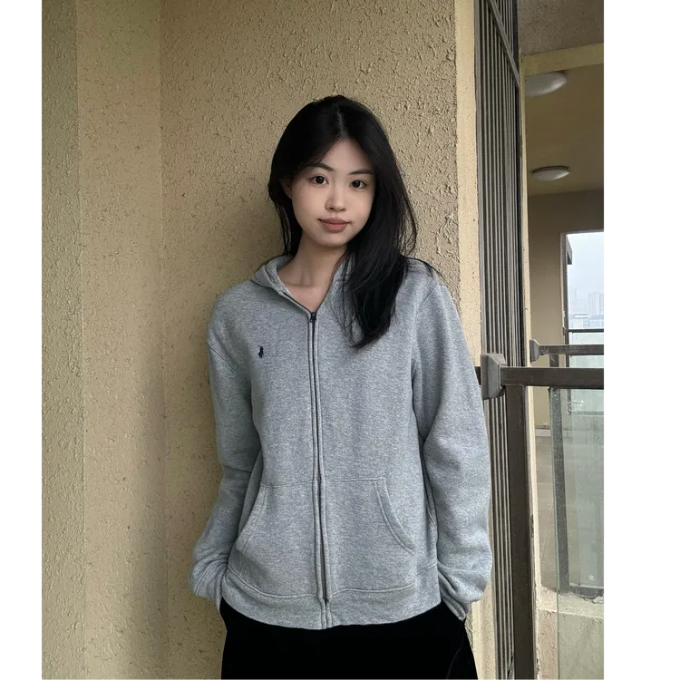 小马刺绣秋季男开衫卫衣宽松刺绣休闲运动连帽衣开衫纯色加绒加厚