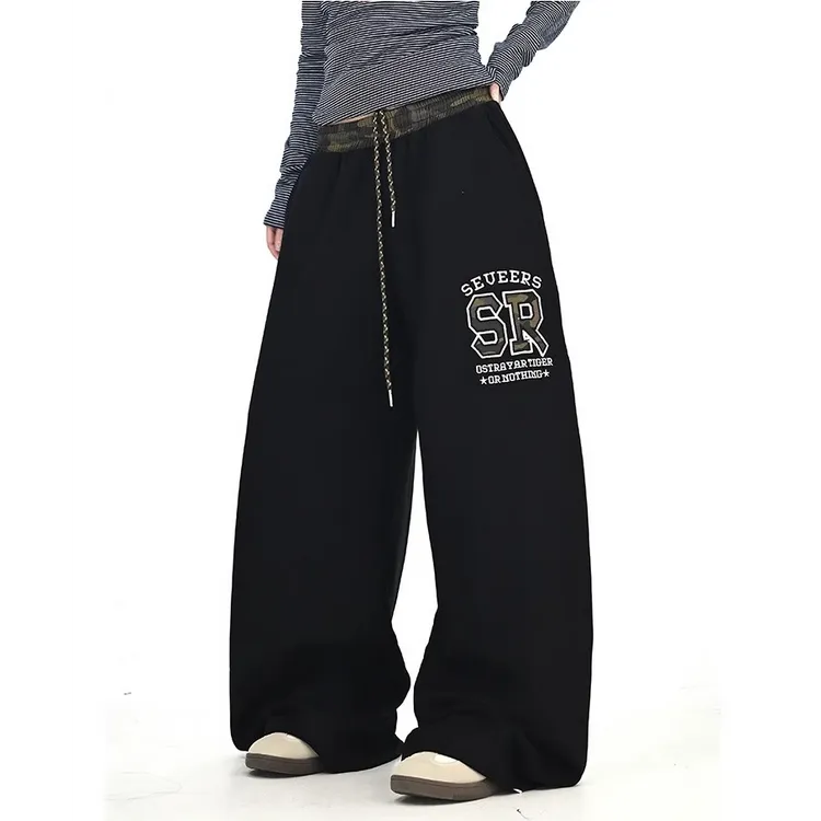 黑色迷彩拼接休闲裤女2025秋季新款宽松bf韩系街头拖地长裤