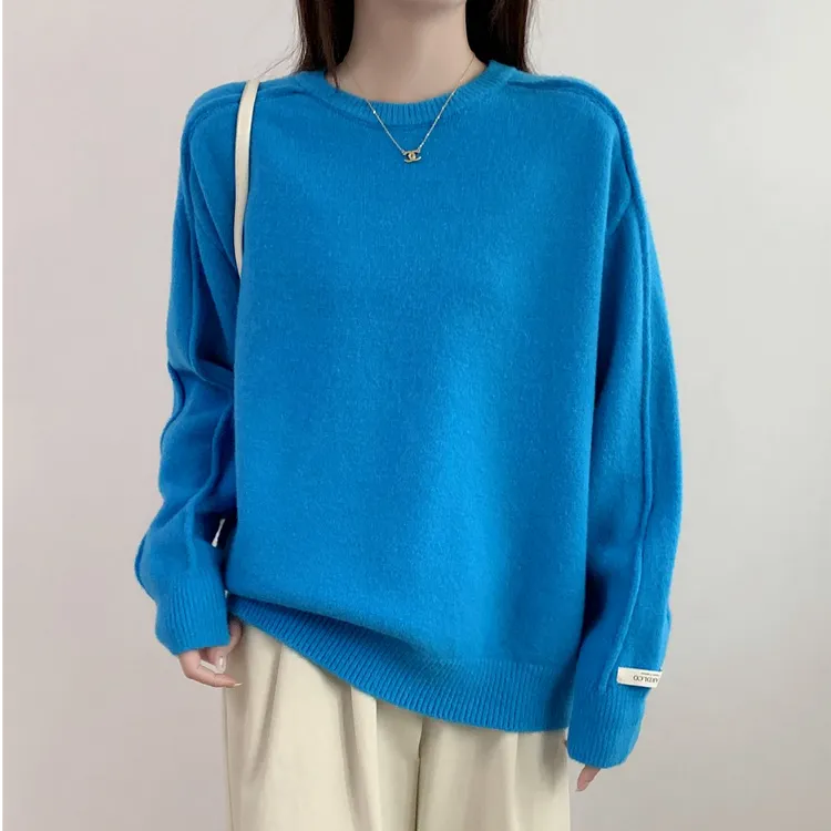 克莱因蓝显白洋气减龄圆领针织衫上衣女秋冬新款时尚百搭慵懒毛衣