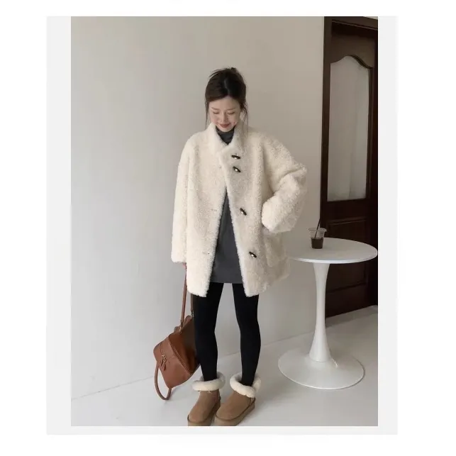 慵懒风立领牛角扣外套女冬季宽松百搭保暖毛毛外套