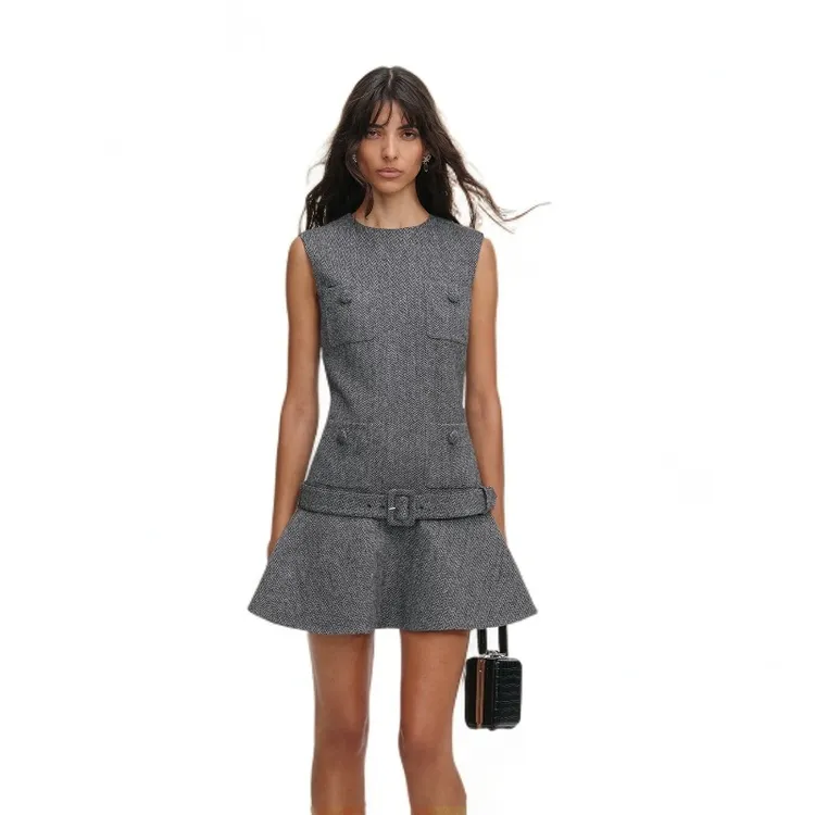 USHARK秋冬款格雷系减龄风灰色圆领收腰荷叶边腰带背心短款连衣裙