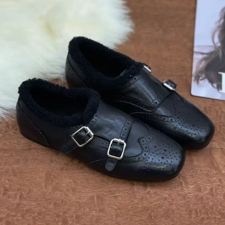 {茵茵家}【加绒双扣】头层小牛皮巴洛克复古英伦风金属扣乐福鞋皮鞋