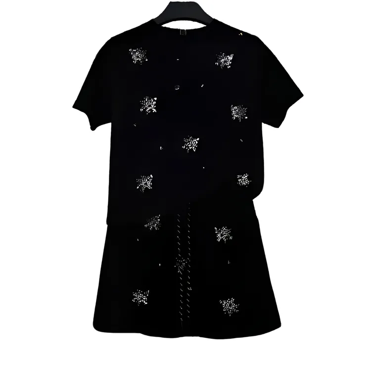 满天星满印烫钻休闲短袖套装两件套显瘦套装裙女装夏季