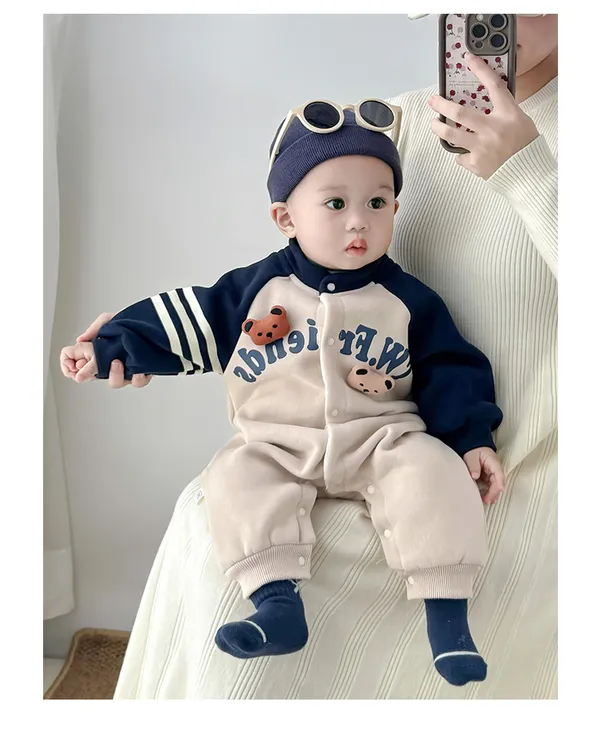 婴儿衣服撞色连体衣秋冬季装新款男女宝宝超萌外出穿抱衣加绒哈衣