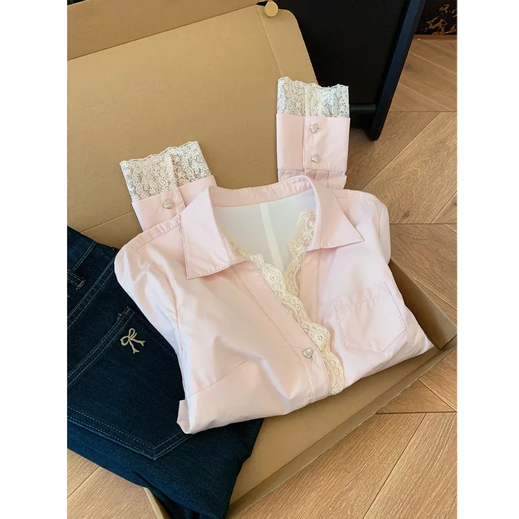 法式蕾丝拼接设计感百搭长袖粉色衬衫女款外穿高级感气质甜美上衣