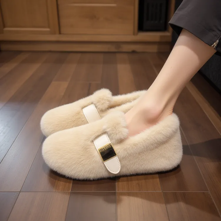 水貂绒毛毛鞋女冬季外穿一脚蹬豆豆鞋加绒高级感欧货孕妇软底棉鞋