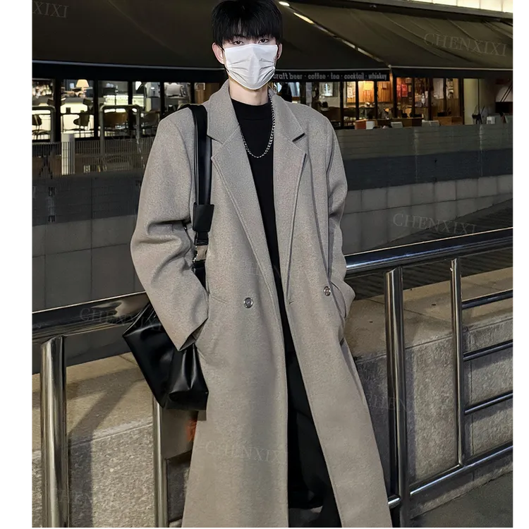 复古中长款毛呢大衣男秋冬季呢子廓形西装外套大衣男款冬季男士