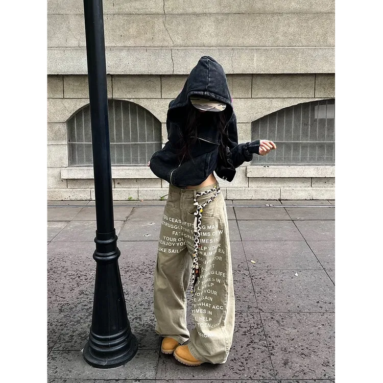 NOMIO美式复古字母印花弯刀工装裤男女秋季新款设计感宽松牛仔裤