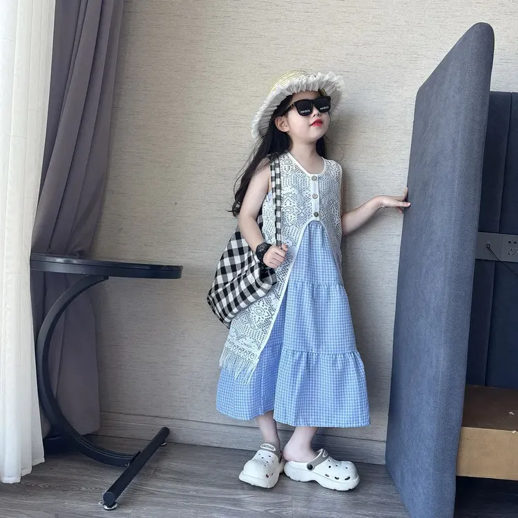 女童夏季韩版叠穿甜美吊带格子裙套装女孩慵懒风蕾丝罩衫两件套潮