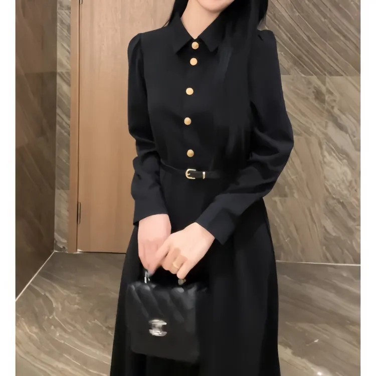 早秋胖mm时尚风polo领收腰显瘦气质风连衣裙休闲风韩系纽扣连衣裙