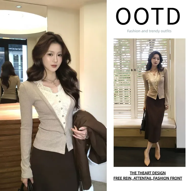 2025新款秋冬蕾丝假两件针织上衣直筒a字长半裙时尚套装H10100