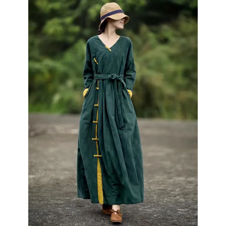 撞色高端亚麻提花旗袍连衣裙女2025秋冬新款复古宽松显瘦中式长裙