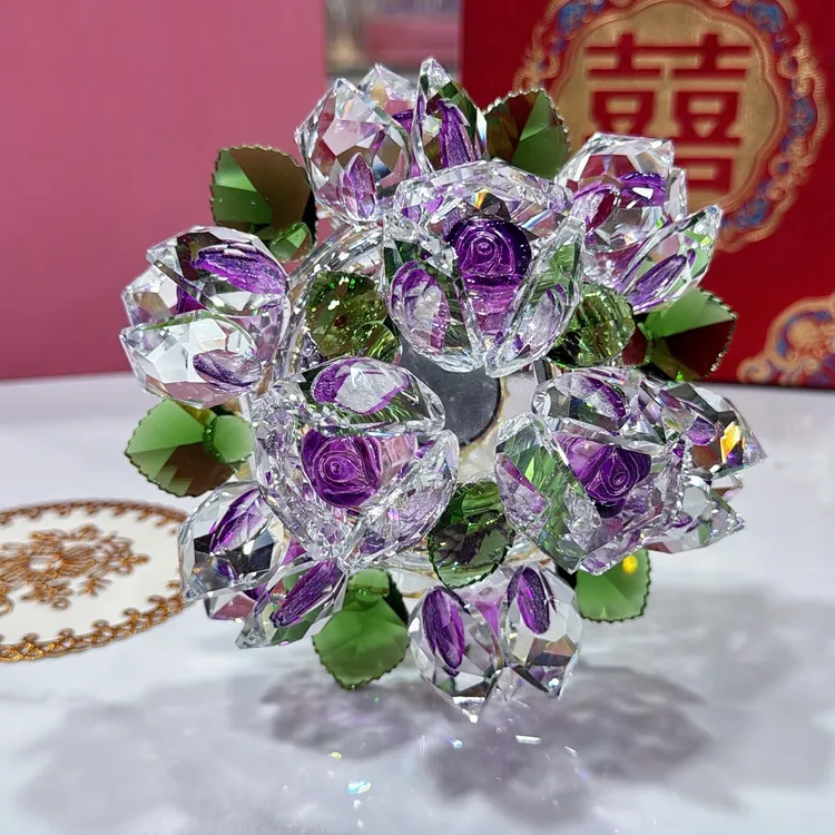 轻奢旋转水晶玻璃紫色玫瑰花摆件纯手工立体礼品装饰客厅玄关好物