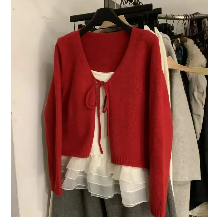 韩系chic红色系带长袖针织开衫女秋冬独特漂亮毛衣外套短款小上衣