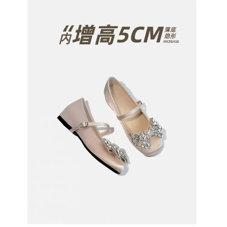 SENYU 露丝同款~粉色蝴蝶水钻内增高玛丽珍鞋女绸缎芭蕾风单鞋