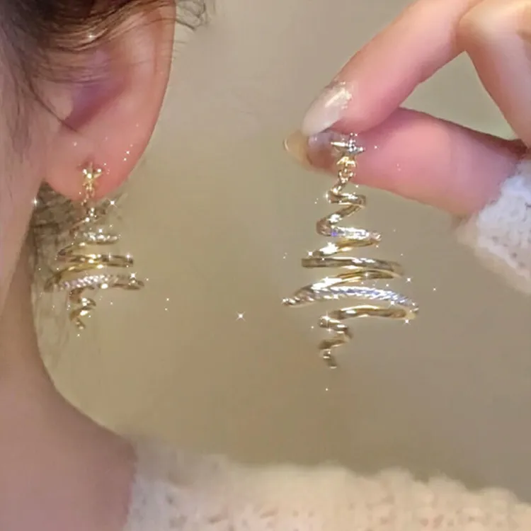 铜合金耳饰 「冬日梦境复古爆闪许愿树五角星耳钉简约小众圣诞耳饰