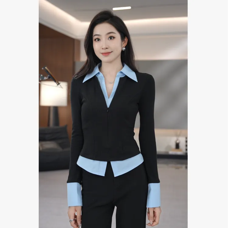 MEINA【格林美学】法式气质拼接设计感休闲假两件修身显瘦毛针织衫