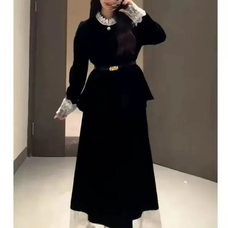 微胖千金风拼接蕾丝气质丝绒宫廷风上衣半裙假两件连衣裙送腰带