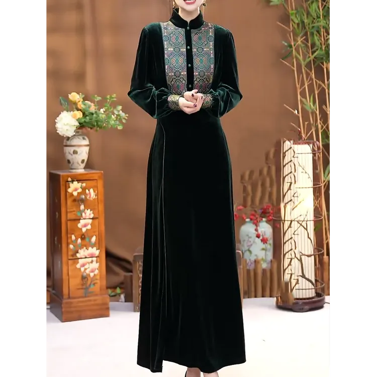 新中式国风改良旗袍连衣裙2025春秋新款文艺修身显瘦高贵旗袍长裙