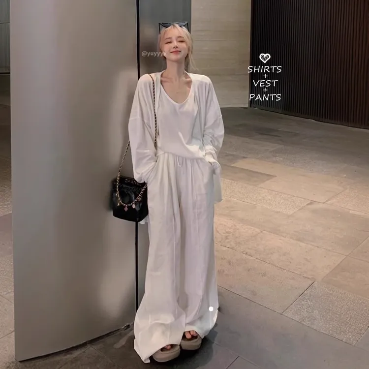 白色V领背心薄款防晒长袖开衫阔腿裤欧若风春季三件套老钱风