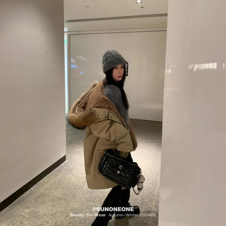 2025秋冬新款军绿色保暖仿皮草内胆派克服女中长款小个子工装外套