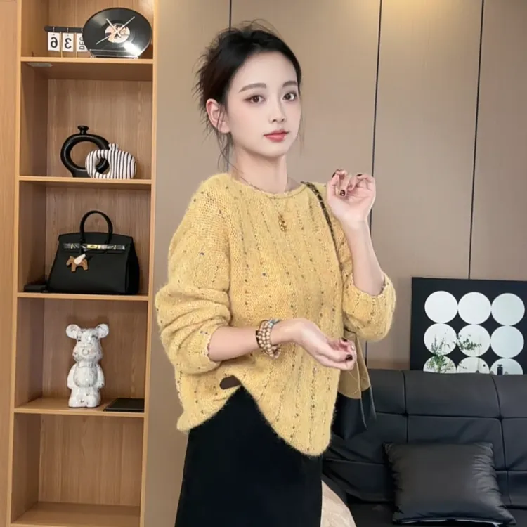 时尚彩色球球亮片卷边毛衣女秋冬季韩版一字领慵懒风针织衫