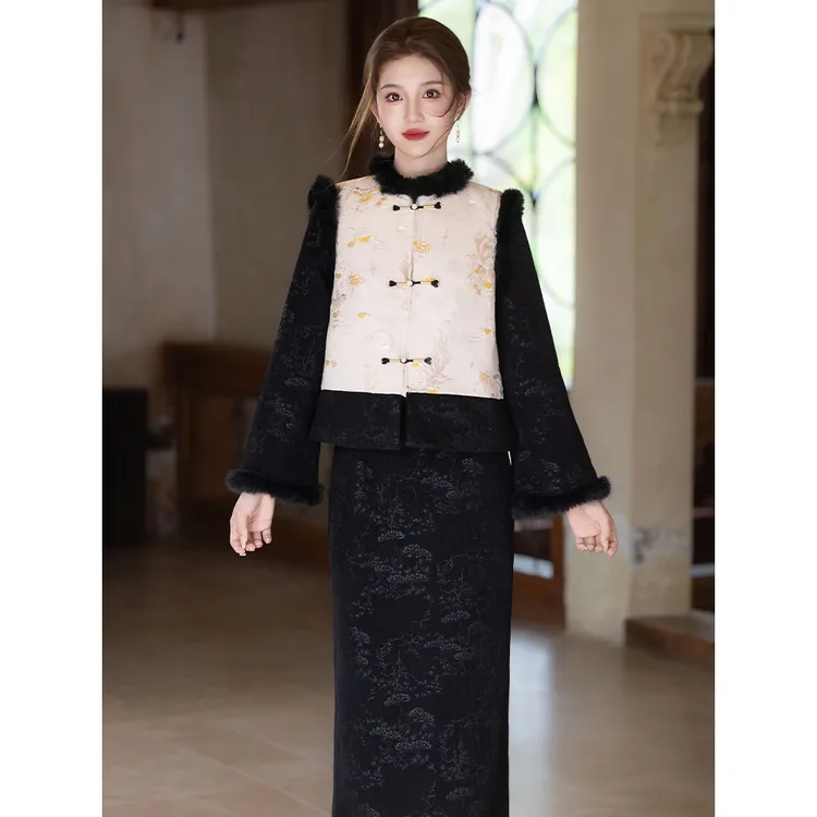 黑色复古新中式马甲两件套长袖旗袍女2025冬季新款加绒加厚年轻款