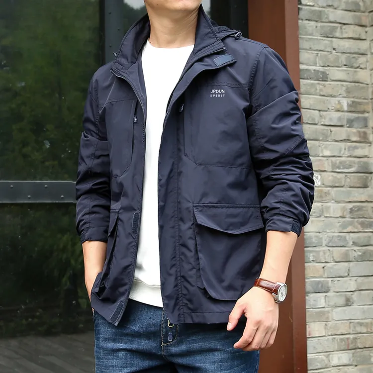JPDUN男士运动休闲防风夹克春秋新款多口袋宽松可脱卸帽工装外套