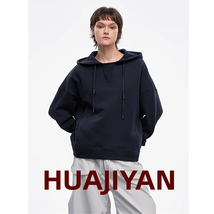 华吉言/HUAJIYAN【洲际】纯棉立裁连帽手工帽绳经典百搭落肩卫衣