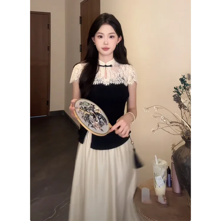 新中式蕾丝气质拼接上衣高腰显瘦半身裙女夏季新款时尚套装两件套
