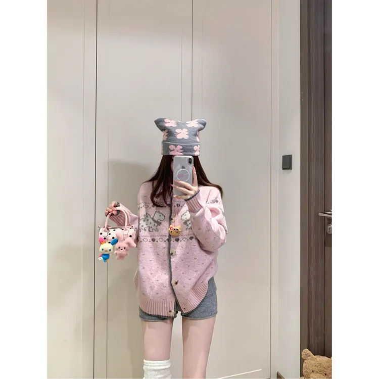 费尔岛毛衣慵懒高级感宽松针织开衫外套女秋冬季粉色上衣D643