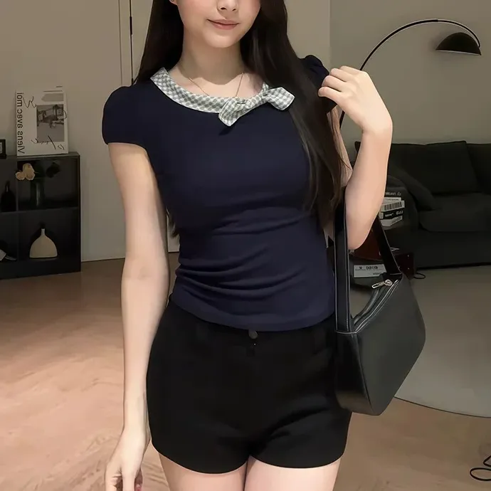 【兔耳朵】乖巧感蝴蝶结设计短袖T恤女显瘦上衣 两色入21382#