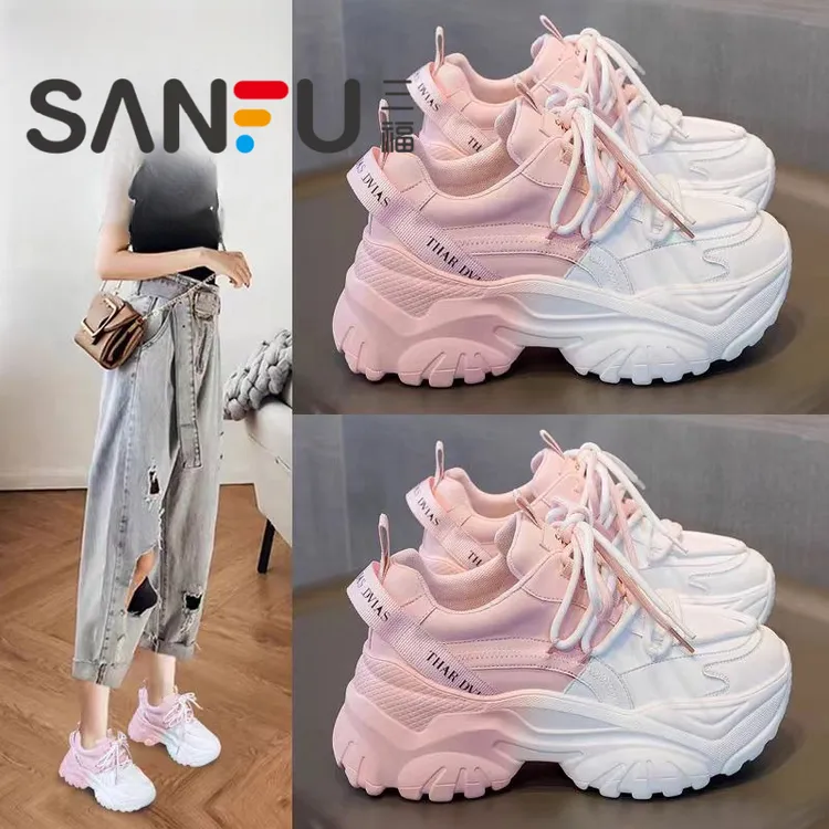 三福爆款老爹鞋女2025年新款春秋松糕厚底增高休闲运动小白鞋女