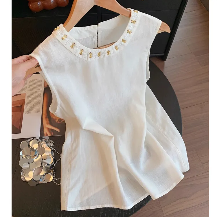 白色领口绣珠亚麻无袖背心女夏2025新款百搭简约气质显瘦叠穿上衣