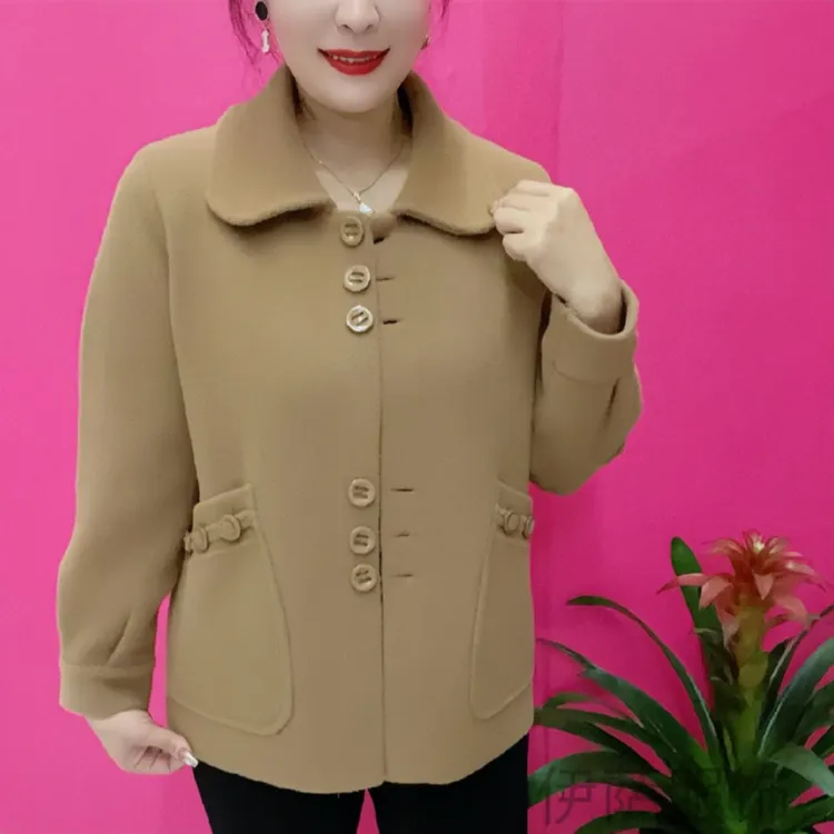 时尚妈妈装秋冬外套女简约女士仿毛呢外套短款双面绒方领百搭开衫