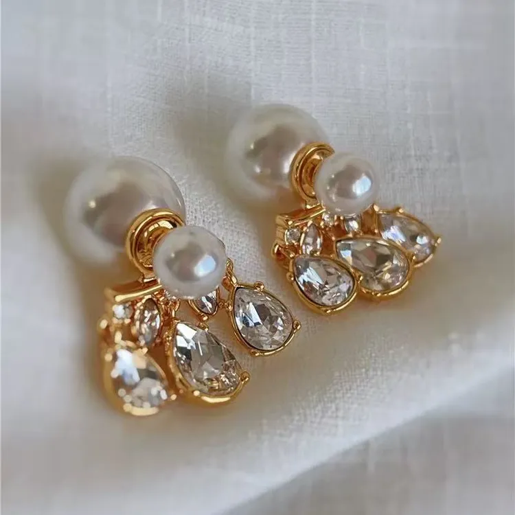 铜合金合成锆石耳饰 法式精致大小珍珠前后戴耳钉镶钻百搭耳环女