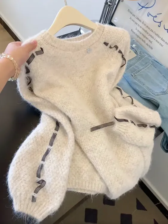 慵懒风系带圆领长袖针织衫女秋冬2025新款韩系减龄松弛感软糯毛衣