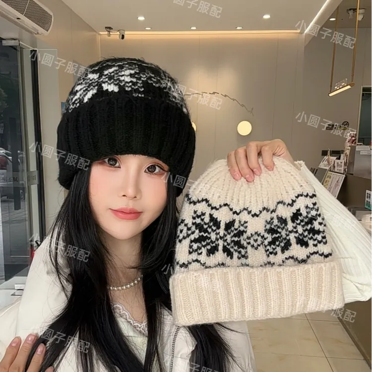 日系复古费尔岛风针织毛线帽男女秋冬加绒加厚保暖休闲护耳骑行帽