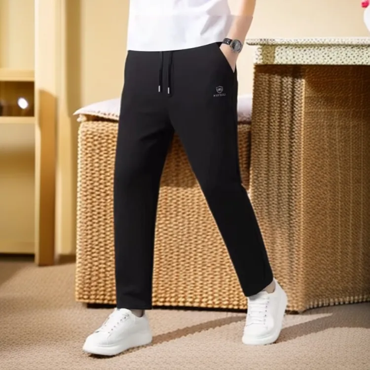 防风格高腰系带运动长裤常规男士男款休闲裤运动休闲黑色男秋冬