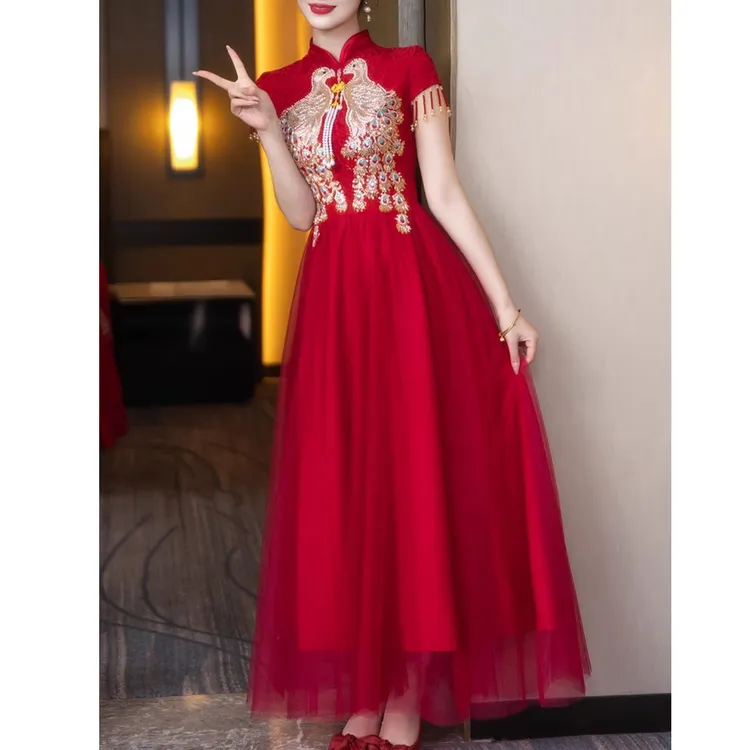 红色旗袍女新中式夏季订婚礼服礼裙敬酒服新娘高端大气刺绣出阁宴