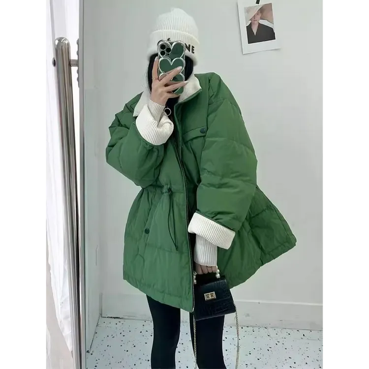 8894欧货撞色立领棉服女冬装宽松设计感中长款收腰棉衣外套潮