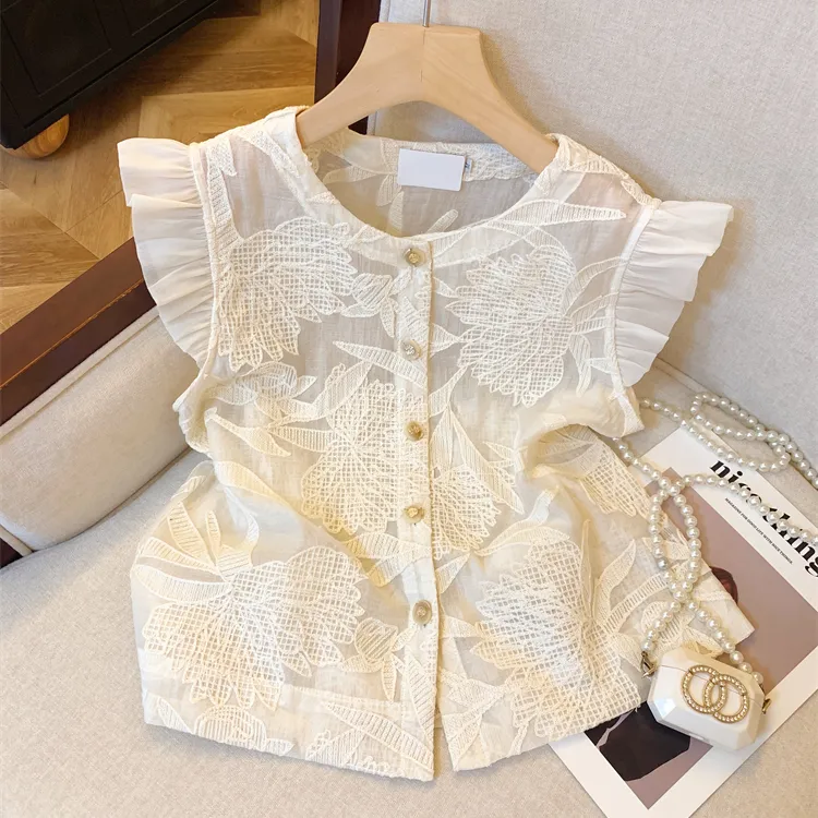 夏季法式小上衣别重工提花小飞袖气质衬衫女别致蕾丝衫致漂亮小衫