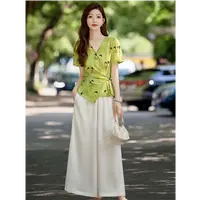 无印心匠D66960-2中国风复古印花短袖配阔腿裤女夏季收腰套装K145