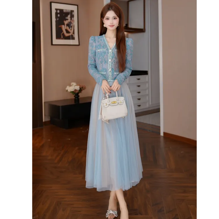 【媛一一定制】设计师小香风V领新款轻奢气质优雅拼接连衣裙 45456