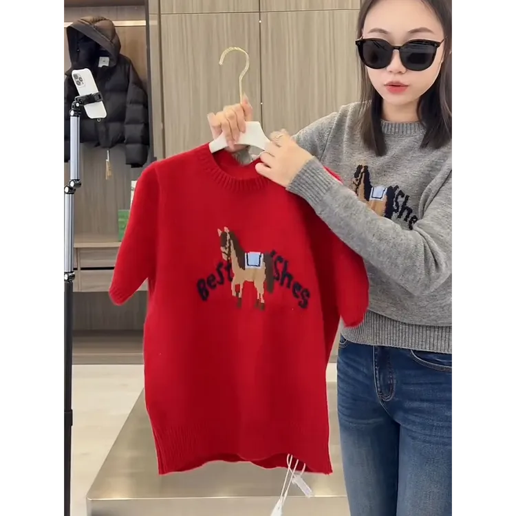 新年氛围感时尚红色气T女冬季慵懒风长袖针织本命年上衣上衣