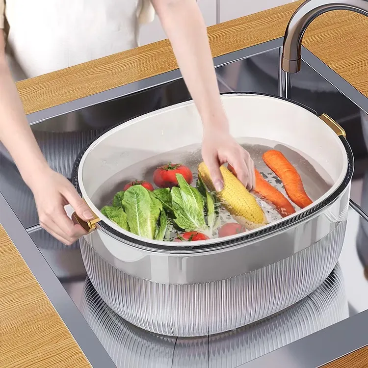 洗菜篮双层PET透明沥水篮家用厨房菜篮多功能洗水果滤水盆洗菜盆