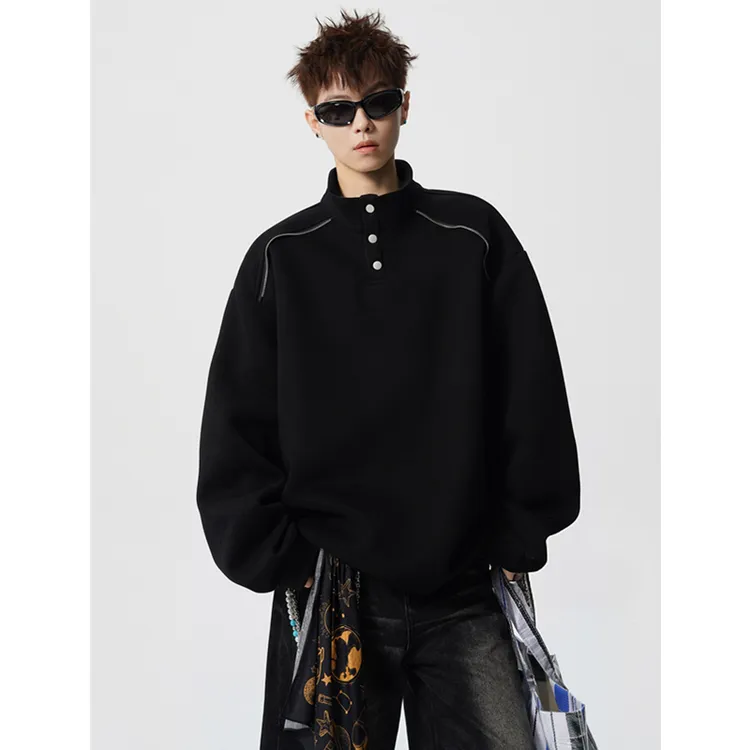 重磅美式休闲立领卫衣男生秋冬单排扣设计休闲套头衫高街黑色上衣